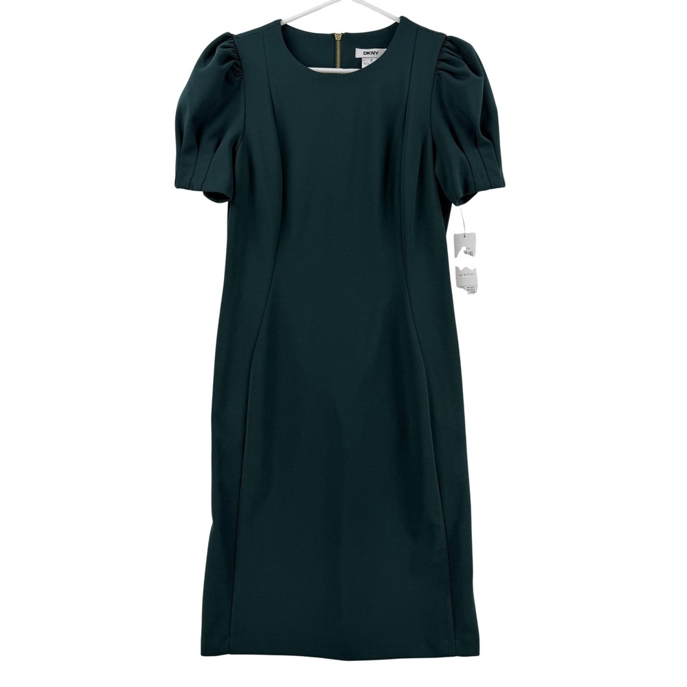 DKNY Dress Womens 8 Green Puff Sleeve Sheath Knee Length Stretch Workwear NWT‎